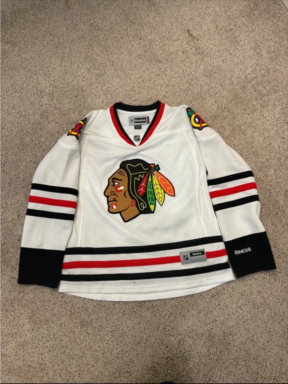 Reebok White Hockey Jersey with Red and Black Stripes